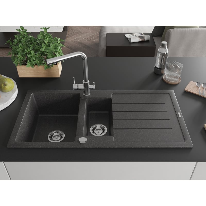 Mexen Andres granite kitchen sink 1.5-bowl with drainer and kitchen faucet Duero, black speckled - 6515-76-671600-00