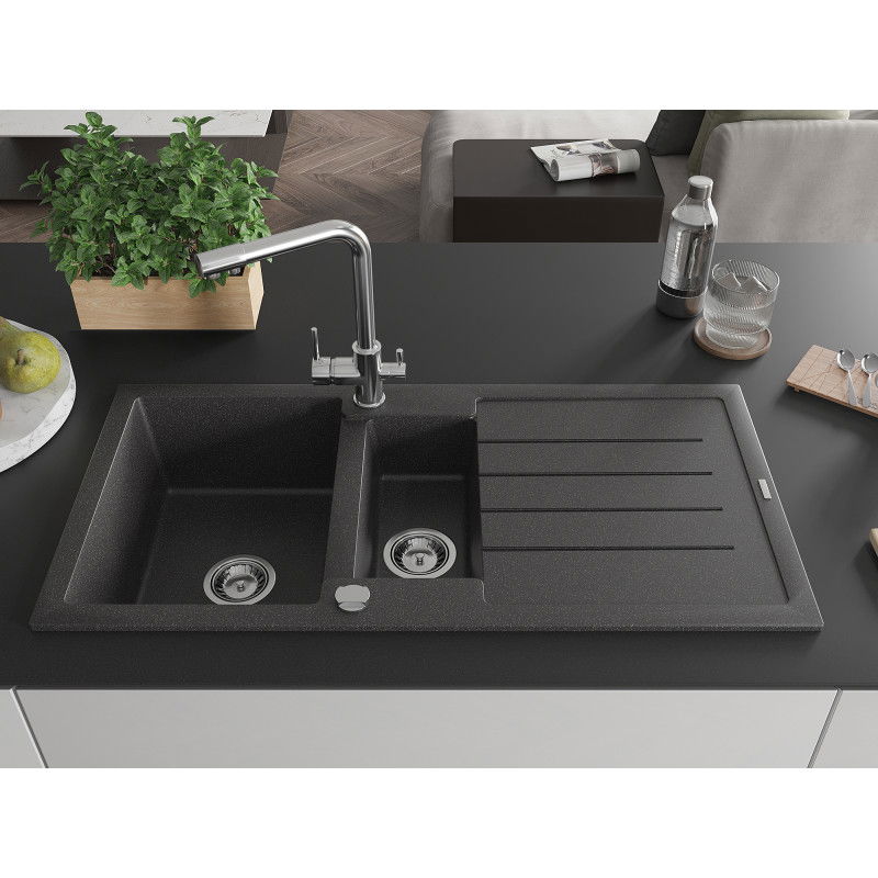 Mexen Andres granite sink 1.5-bowl with drainer and Duero kitchen tap, black speckled - 6515-76-671600-00