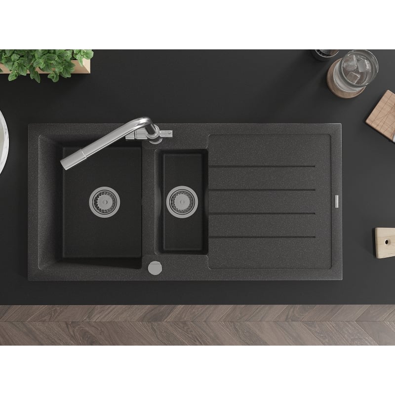 Mexen Andres granite kitchen sink 1.5-bowl with drainer and kitchen faucet Duero, black speckled - 6515-76-671600-00