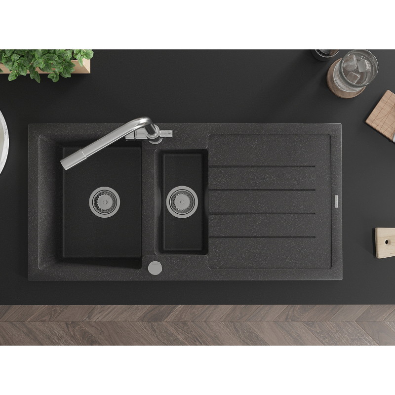 Mexen Andres granite sink 1.5-bowl with drainer and Duero kitchen faucet, black speckled - 6515-76-671600-00