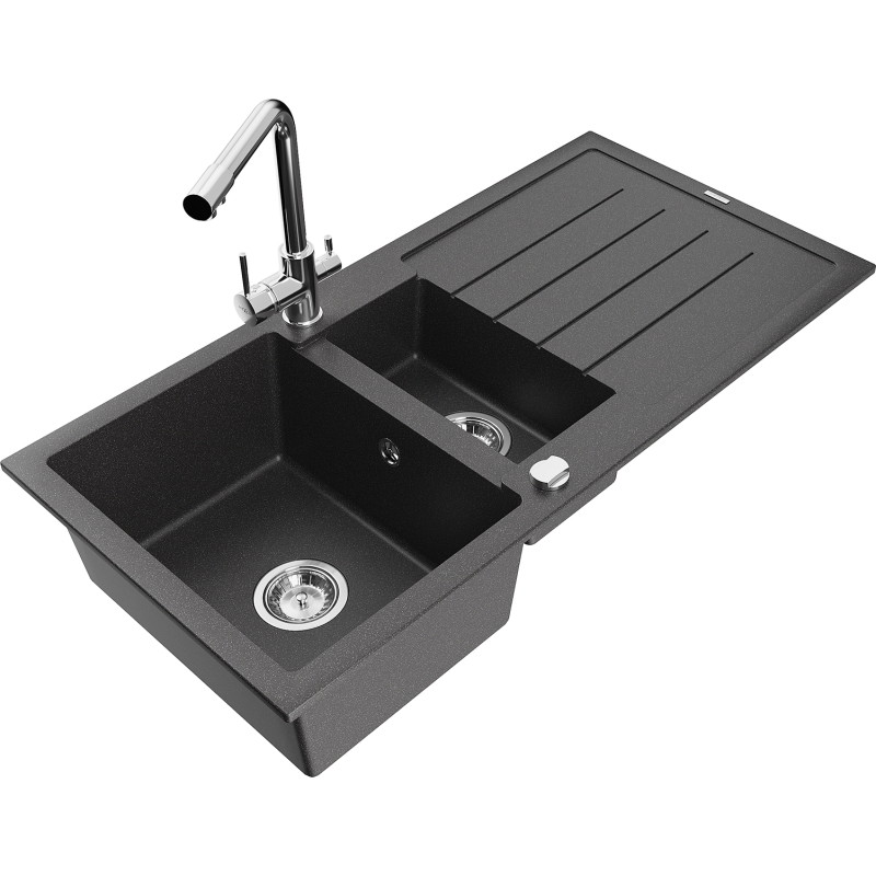 Mexen Andres granite sink 1.5-bowl with drainer and Duero kitchen faucet, black speckled - 6515-76-671600-00
