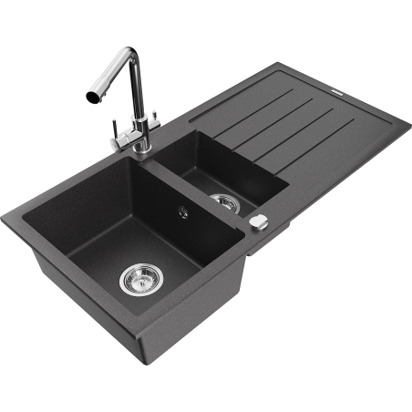 Mexen Andres granite kitchen sink 1.5-bowl with drainer and kitchen faucet Duero, black speckled - 6515-76-671600-00