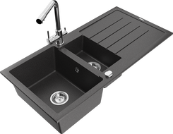 Mexen Andres granite sink 1.5-bowl with drainer and Duero kitchen tap, black speckled - 6515-76-671600-00