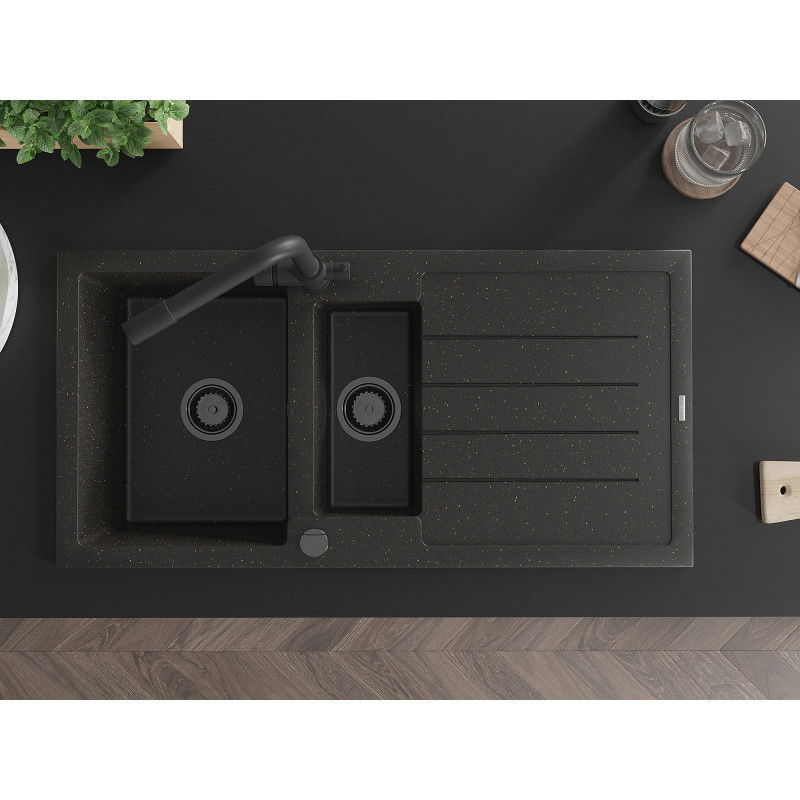 Mexen Andres 1.5-bowl granite kitchen sink with drainer and Duero kitchen tap, black/gold - 6515-75-671600-70-B