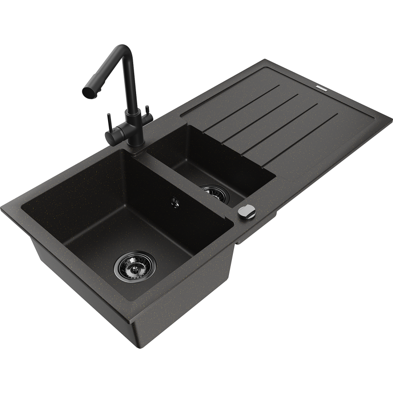 Mexen Andres 1.5-bowl granite kitchen sink with drainer and Duero kitchen tap, black/gold - 6515-75-671600-70-B