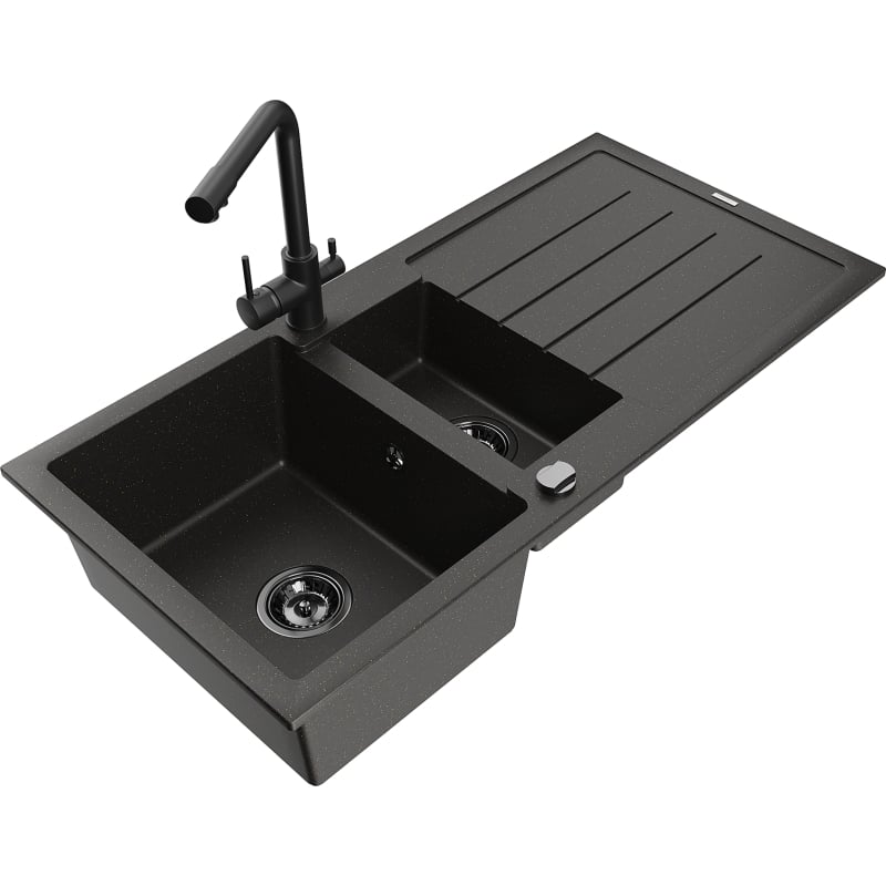 Mexen Andres 1.5-bowl granite sink with drainer and Duero kitchen faucet, black/gold - 6515-75-671600-70-B