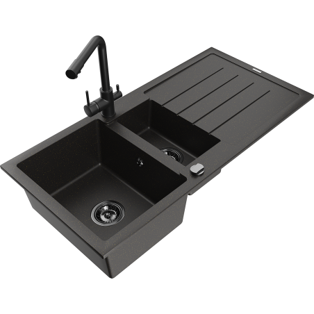 Mexen Andres 1.5-bowl granite kitchen sink with drainer and Duero kitchen tap, black/gold - 6515-75-671600-70-B