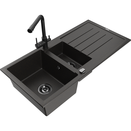 Mexen Andres 1.5-compartment granite sink with a drip tray and kitchen mixer tap Duero, Black/Gold - 6515-75-671600-70-B
