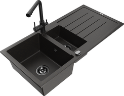 Mexen Andres 1.5-bowl granite sink with drainer and Duero kitchen faucet, black/gold - 6515-75-671600-70-B