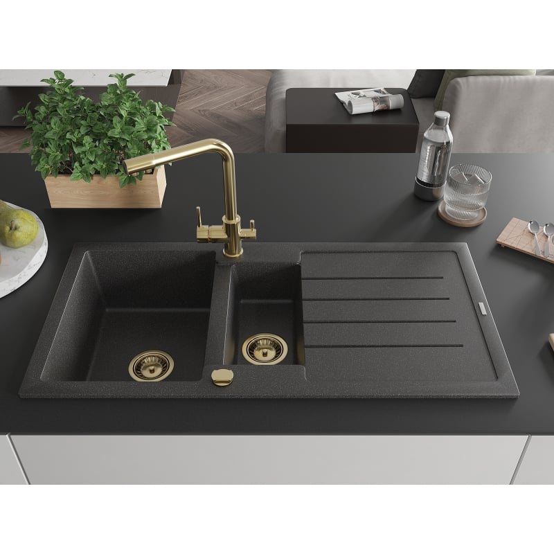 Mexen Andres granite sink 1.5-bowl with drainer and Duero kitchen faucet, black speckled - 6515-76-671600-50