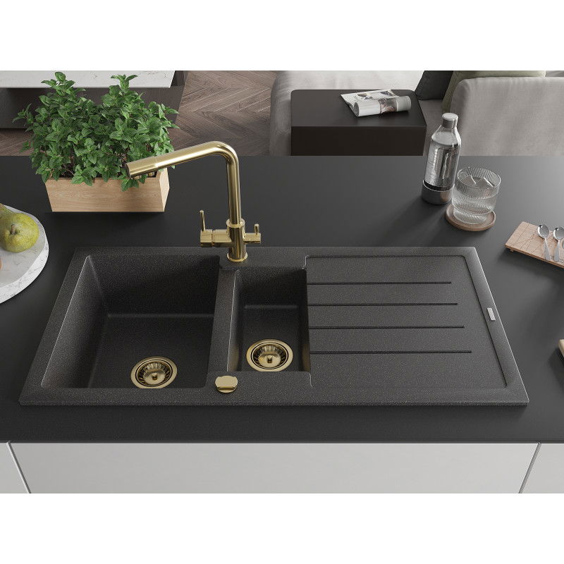 Mexen Andres granite sink 1.5 bowl with drainer and Duero kitchen tap, speckled black - 6515-76-671600-50