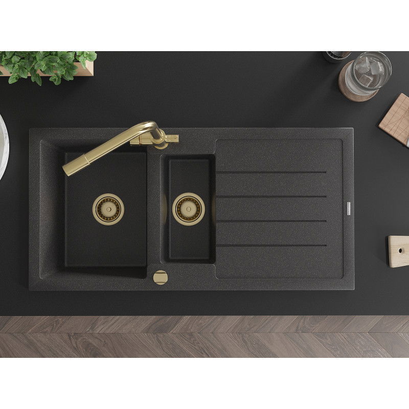 Mexen Andres granite sink 1.5 bowl with drainer and Duero kitchen tap, speckled black - 6515-76-671600-50