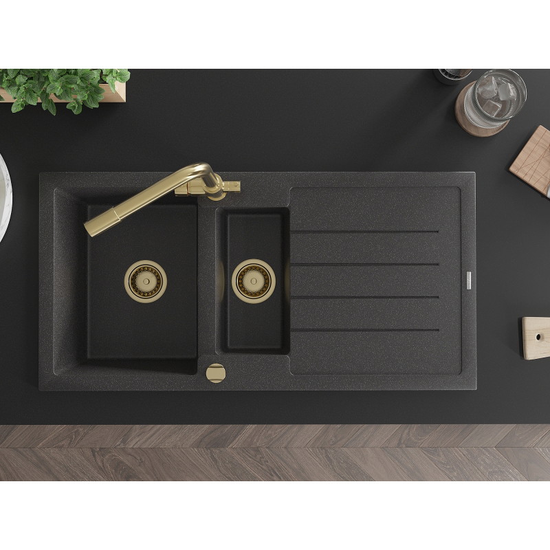 Mexen Andres granite sink with 1.5 bowls, drainer and Duero kitchen faucet, black speckled - 6515-76-671600-50