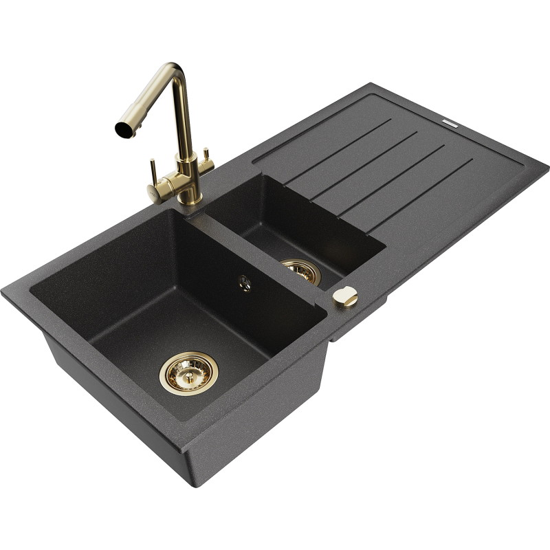 Mexen Andres granite sink 1.5-bowl with drainer and Duero kitchen faucet, black speckled - 6515-76-671600-50
