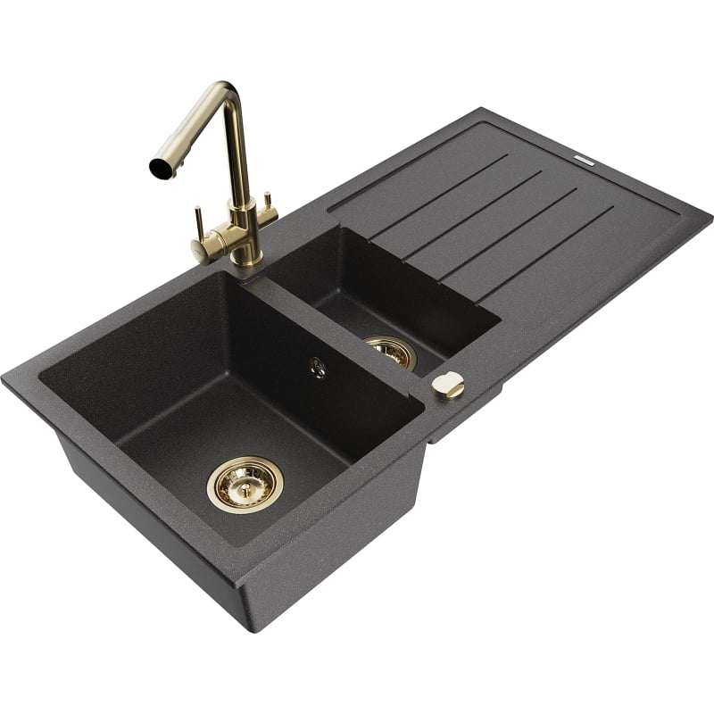 Mexen Andres granite sink with 1.5 bowls, drainer and Duero kitchen faucet, black speckled - 6515-76-671600-50