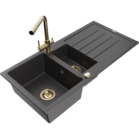 Mexen Andres granite sink 1.5-bowl with drainer and Duero kitchen faucet, black speckled - 6515-76-671600-50