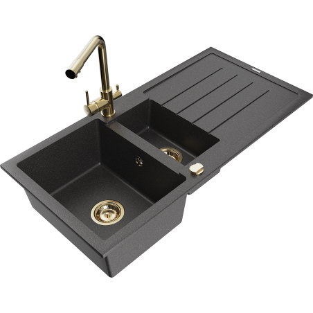 Mexen Andres granite sink with 1.5 bowls, drainer and Duero kitchen faucet, black speckled - 6515-76-671600-50