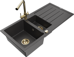 Mexen Andres granite sink 1.5 bowl with drainer and Duero kitchen tap, speckled black - 6515-76-671600-50