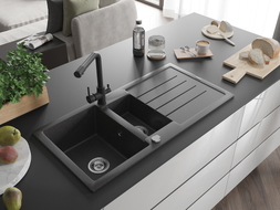 Mexen Andres 1.5-bowl granite sink with drainer and Duero kitchen faucet, black speckled - 6515-76-671600-70