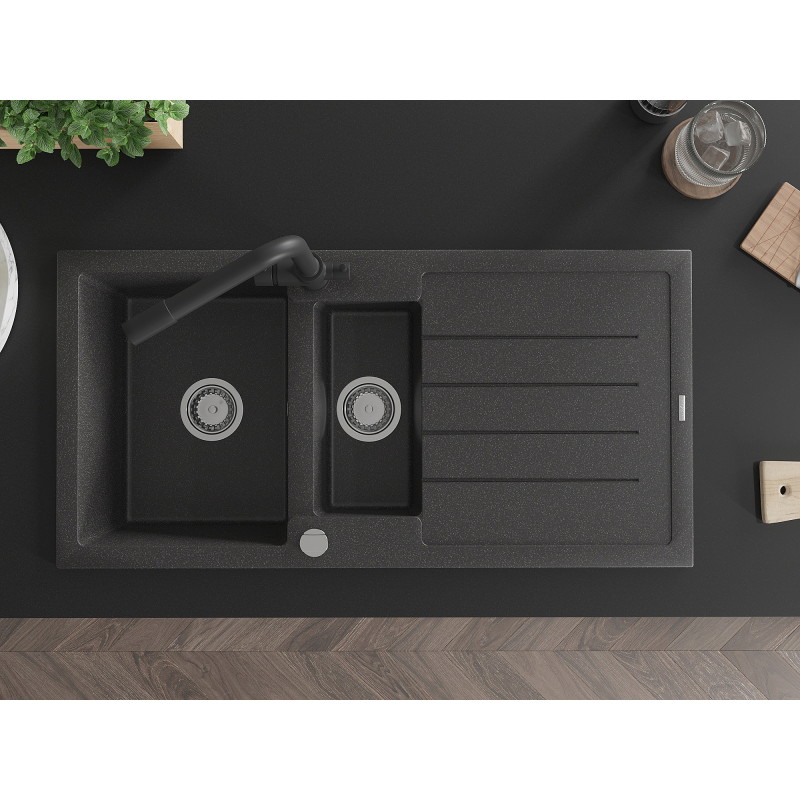 Mexen Andres granite sink 1.5-bowl with drainer and Duero kitchen faucet, black speckled - 6515-76-671600-70
