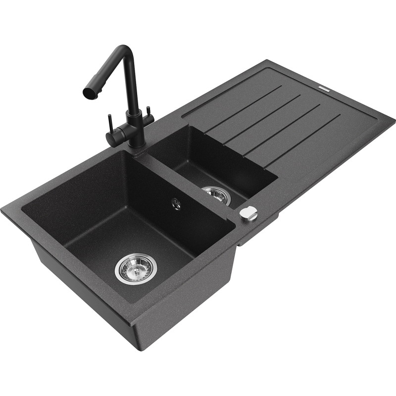 Mexen Andres granite sink 1.5-bowl with drainer and Duero kitchen faucet, black speckled - 6515-76-671600-70