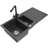 Mexen Andres 1.5-bowl granite sink with drainer and Duero kitchen faucet, black speckled - 6515-76-671600-70