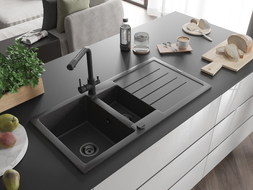 Mexen Andres granite sink 1.5-bowl with drainer and Duero kitchen faucet, speckled black - 6515-76-671600-70-B