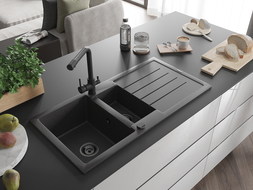 Mexen Andres granite kitchen sink 1.5-bowl with drainer and Duero kitchen tap, black speckled - 6515-76-671600-70-B