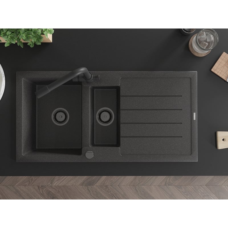 Mexen Andres 1.5-bowl granite sink with drainer and Duero kitchen faucet, black speckled - 6515-76-671600-70-B