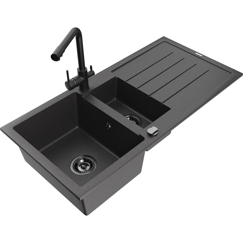 Mexen Andres granite kitchen sink 1.5-bowl with drainer and Duero kitchen tap, black speckled - 6515-76-671600-70-B