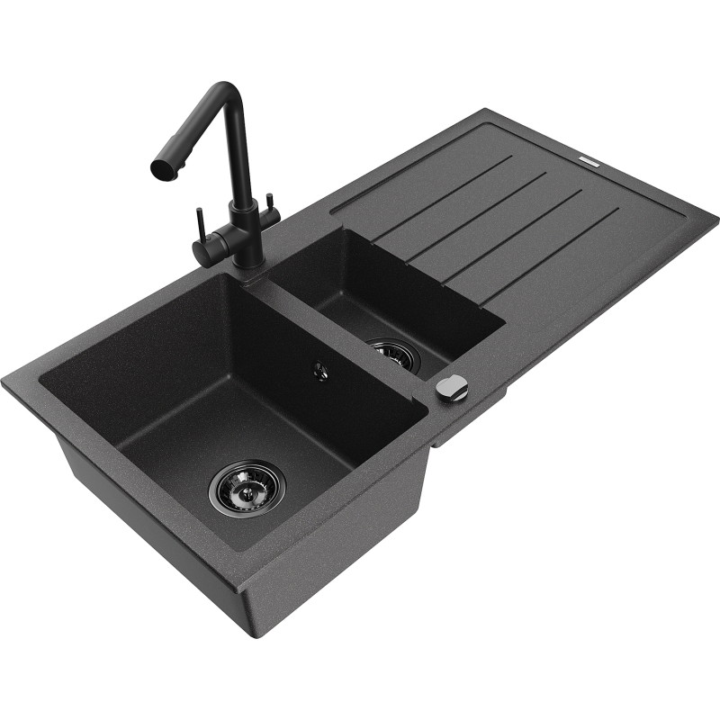 Mexen Andres granite sink 1.5-bowl with drainer and Duero kitchen faucet, speckled black - 6515-76-671600-70-B