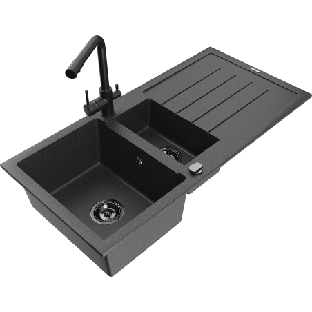 Mexen Andres granite sink 1.5-bowl with drainer and Duero kitchen faucet, speckled black - 6515-76-671600-70-B