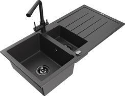Mexen Andres granite sink 1.5-bowl with drainer and Duero kitchen faucet, speckled black - 6515-76-671600-70-B