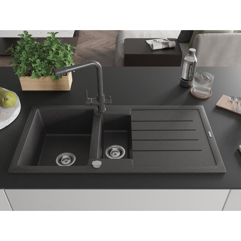 Mexen Andres granite kitchen sink 1.5-bowl with drainer and Duero kitchen faucet, black speckled - 6515-76-671600-76
