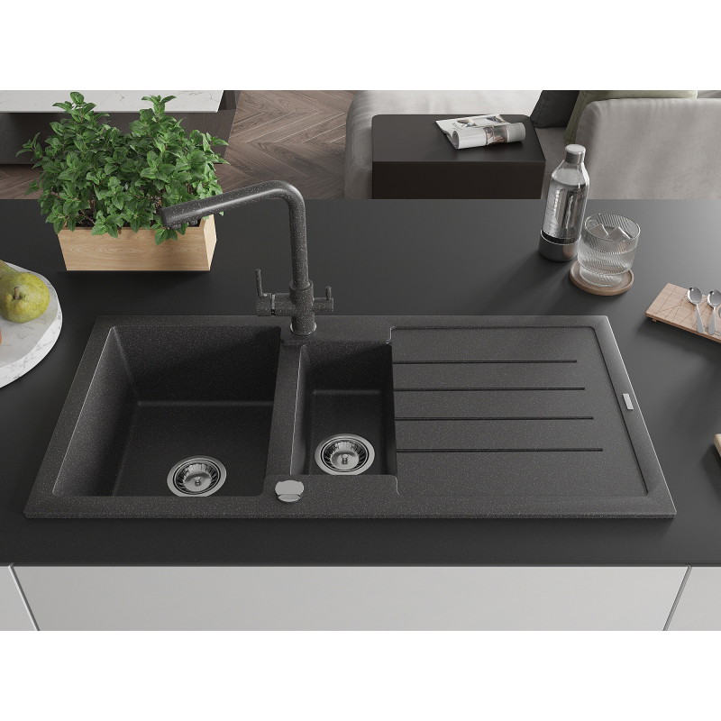 Mexen Andres granite sink 1.5-bowl with drainer and Duero kitchen faucet, black speckled - 6515-76-671600-76