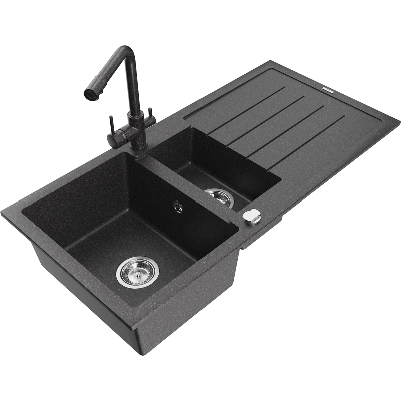 Mexen Andres granite sink 1.5-bowl with drainer and Duero kitchen tap, black speckled - 6515-76-671600-76