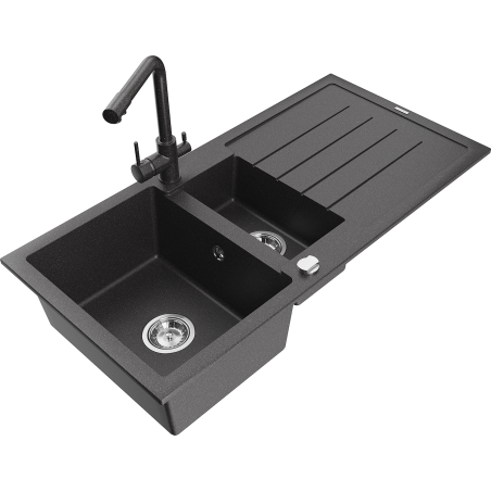 Mexen Andres granite kitchen sink 1.5-bowl with drainer and Duero kitchen faucet, black speckled - 6515-76-671600-76