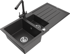 Mexen Andres granite sink 1.5-bowl with drainer and Duero kitchen faucet, black speckled - 6515-76-671600-76