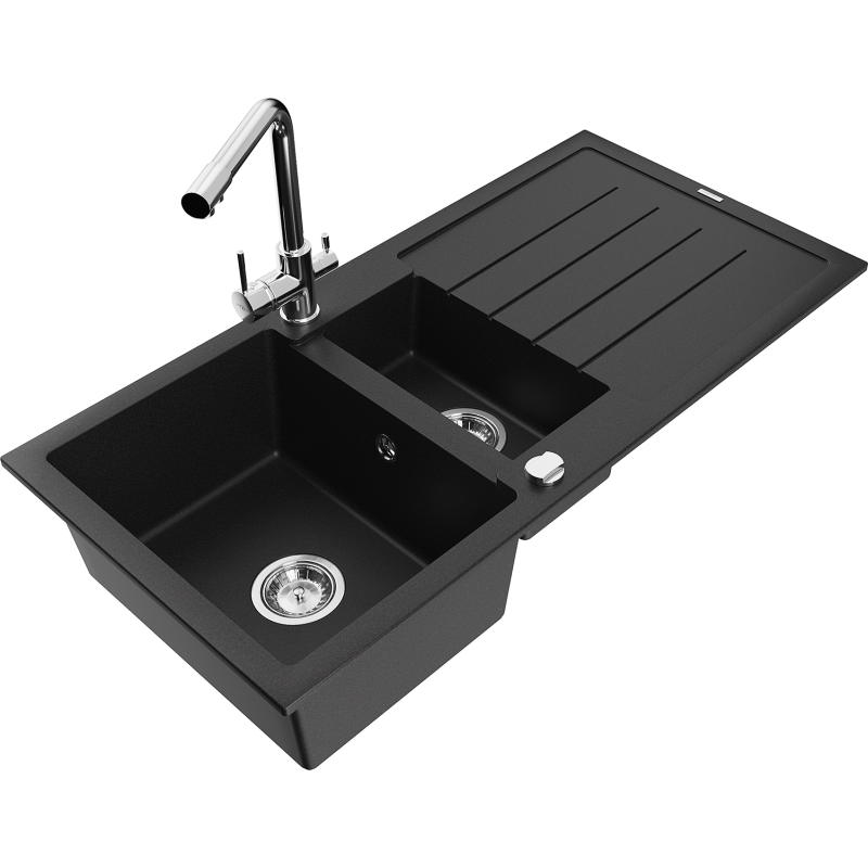 Mexen Andres granite sink 1.5-bowl with drainer and Duero kitchen faucet, black - 6515-77-671600-00