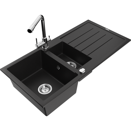 Mexen Andres 1.5-compartment granite sink with a drip tray and kitchen mixer tap Duero, Black - 6515-77-671600-00