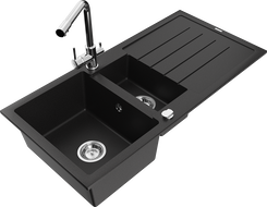 Mexen Andres granite sink 1.5-bowl with drainer and Duero kitchen faucet, black - 6515-77-671600-00