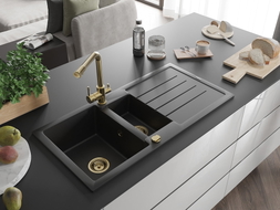 Mexen Andres granite sink 1.5-bowl with drainer and Duero kitchen faucet, black - 6515-77-671600-50