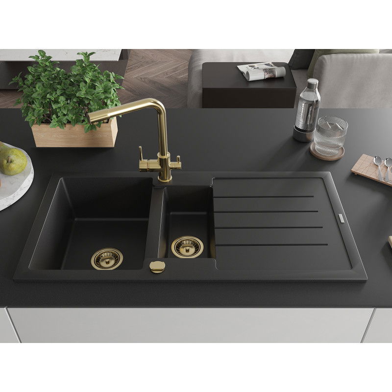 Mexen Andres granite sink 1.5-bowl with drainer and Duero kitchen tap, black - 6515-77-671600-50