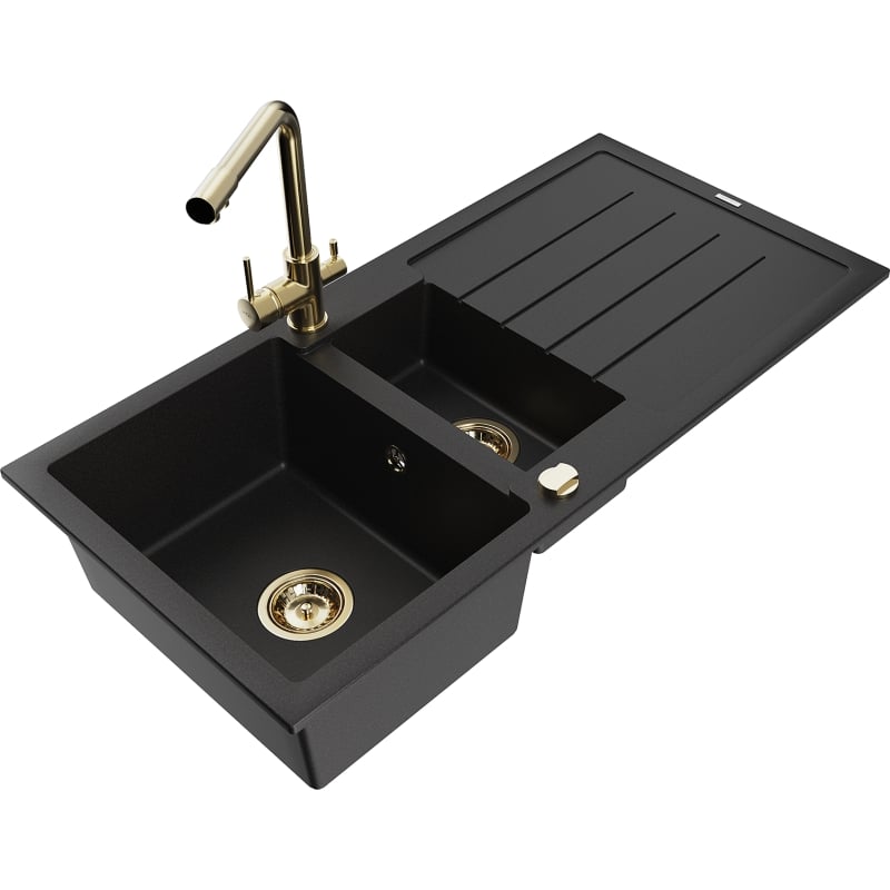 Mexen Andres granite sink 1.5-bowl with drainer and Duero kitchen faucet, black - 6515-77-671600-50
