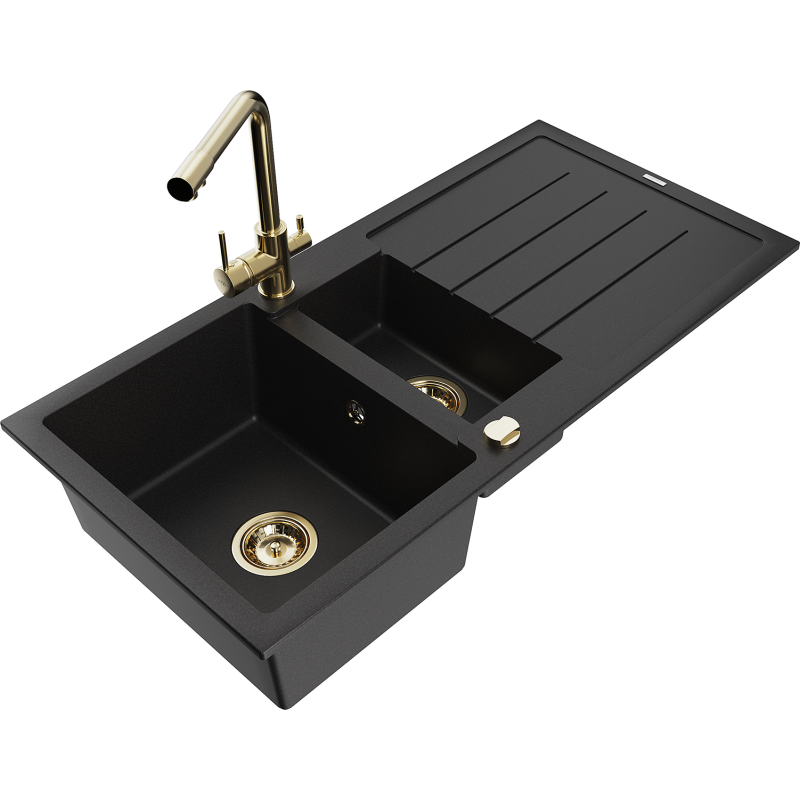 Mexen Andres granite sink 1.5-bowl with drainer and Duero kitchen tap, black - 6515-77-671600-50