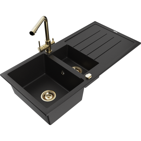 Mexen Andres 1.5-bowl granite sink with drainer and Duero kitchen faucet, black - 6515-77-671600-50