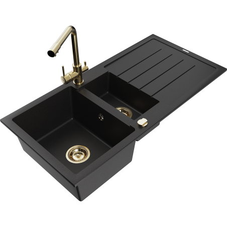 Mexen Andres granite sink 1.5-bowl with drainer and Duero kitchen faucet, black - 6515-77-671600-50