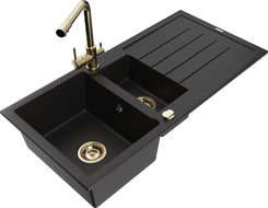 Mexen Andres granite sink 1.5-bowl with drainer and Duero kitchen faucet, black - 6515-77-671600-50
