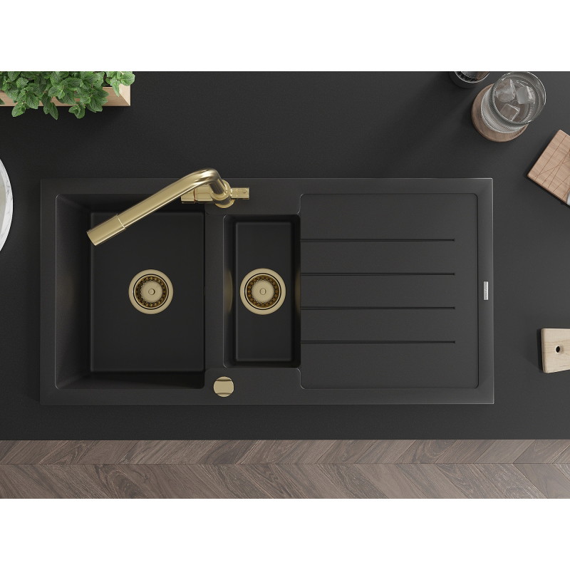 Mexen Andres granite sink 1.5-bowl with drainer and Duero kitchen faucet, black - 6515-77-671600-50