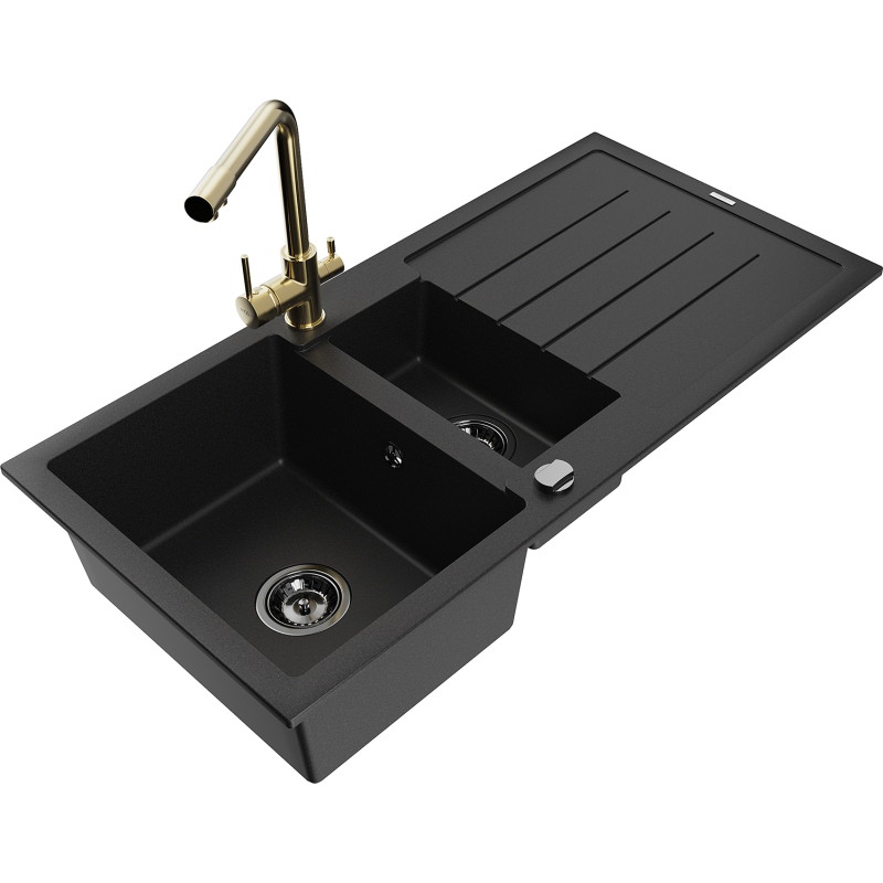 Mexen Andres granite sink 1.5-bowl with drainer and kitchen faucet Duero, black - 6515-77-671600-50-B